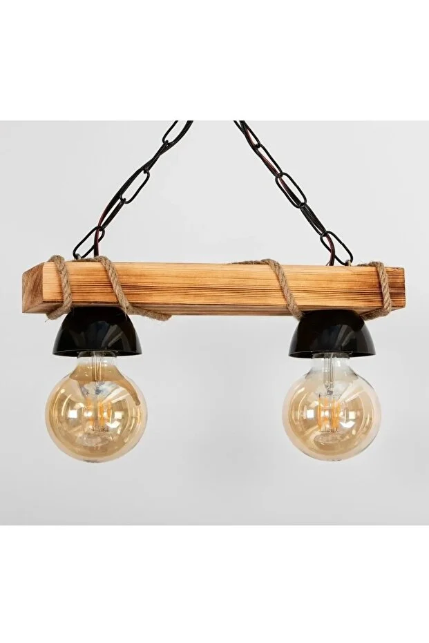 Doğal Ahşap 2'li Rustik Tasarım Dekoratif Şapkalı Halatlı Avize, Şık ve Sıcak Atmosfer